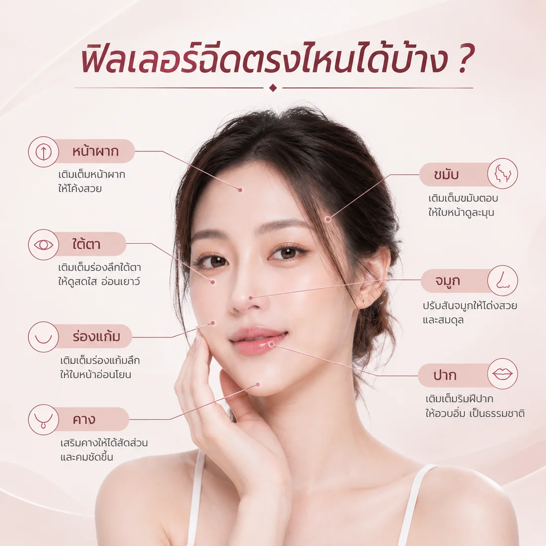 ตำแหน่งที่ฉีดฟิลเลอร์ได้ — หน้าผากให้โค้งสวย · ขมับตอบ · ใต้ตาให้ดูสดใส · จมูกปรับสันให้สมดุล · ร่องแก้ม · ริมฝีปากให้อวบอิ่ม · คางให้ได้สัดส่วนและคมชัดขึ้น