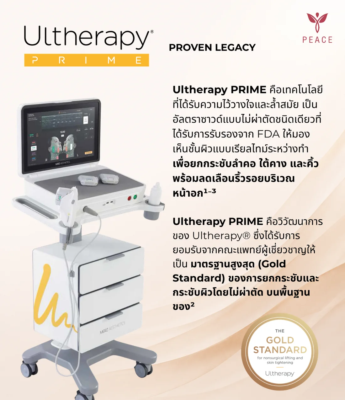 เครื่อง Ultherapy PRIME จาก Merz Aesthetics พร้อมจอแสดงชั้นผิวแบบเรียลไทม์ เป็นอัลตราซาวด์แบบไม่ผ่าตัดที่ได้รับการรับรองจาก FDA ให้มองเห็นชั้นผิวขณะทำ สำหรับยกกระชับลำคอ ใต้คาง และคิ้ว พร้อมลดเลือนริ้วรอยบริเวณหน้าอก