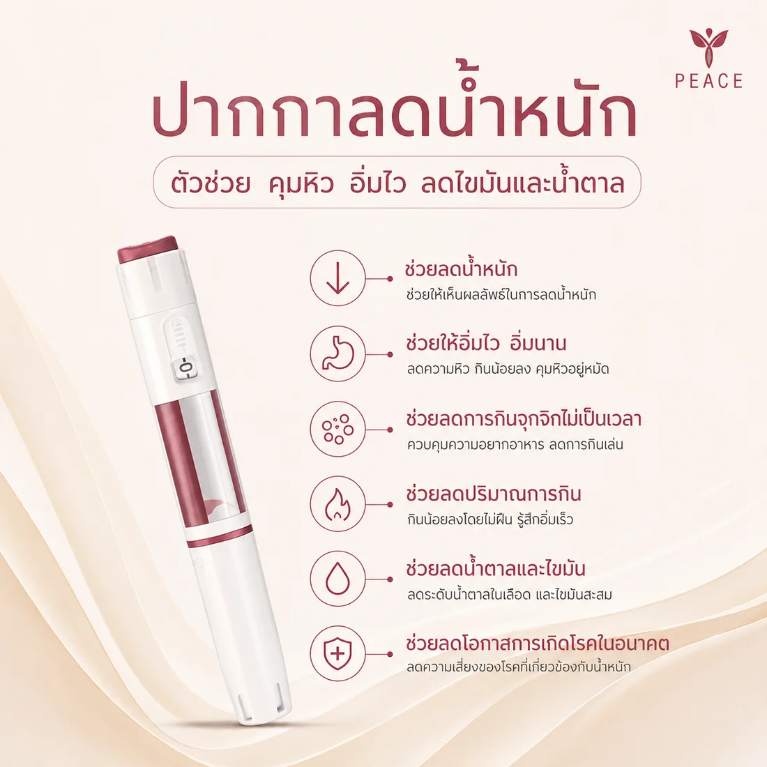 ปากกาลดน้ำหนักที่ Peace Clinic แม่สอด ช่วยลดน้ำหนัก อิ่มไวอิ่มนาน ลดการกินจุกจิกไม่เป็นเวลา ลดปริมาณการกิน ลดระดับน้ำตาลในเลือดและไขมันสะสม และลดความเสี่ยงของโรคที่เกี่ยวข้องกับน้ำหนัก