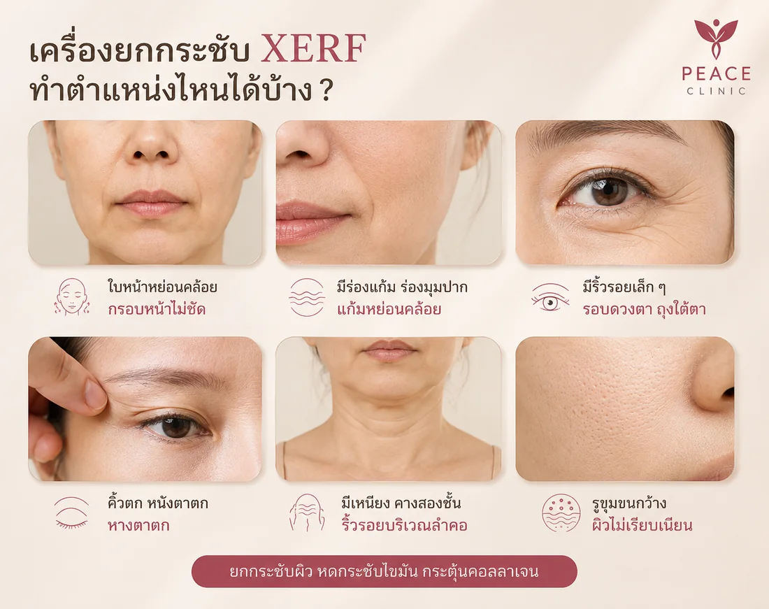 ตำแหน่งที่ทำ XERF ได้ — ใบหน้าหย่อนคล้อยกรอบหน้าไม่ชัด · ร่องแก้มและร่องมุมปาก · ริ้วรอยรอบดวงตาและถุงใต้ตา · คิ้วตกหนังตาตกหางตาตก · เหนียงคางสองชั้นและริ้วรอยลำคอ · รูขุมขนกว้างผิวไม่เรียบเนียน